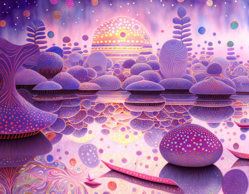 Fantastical landscape with mushroom-like structures under starry sky