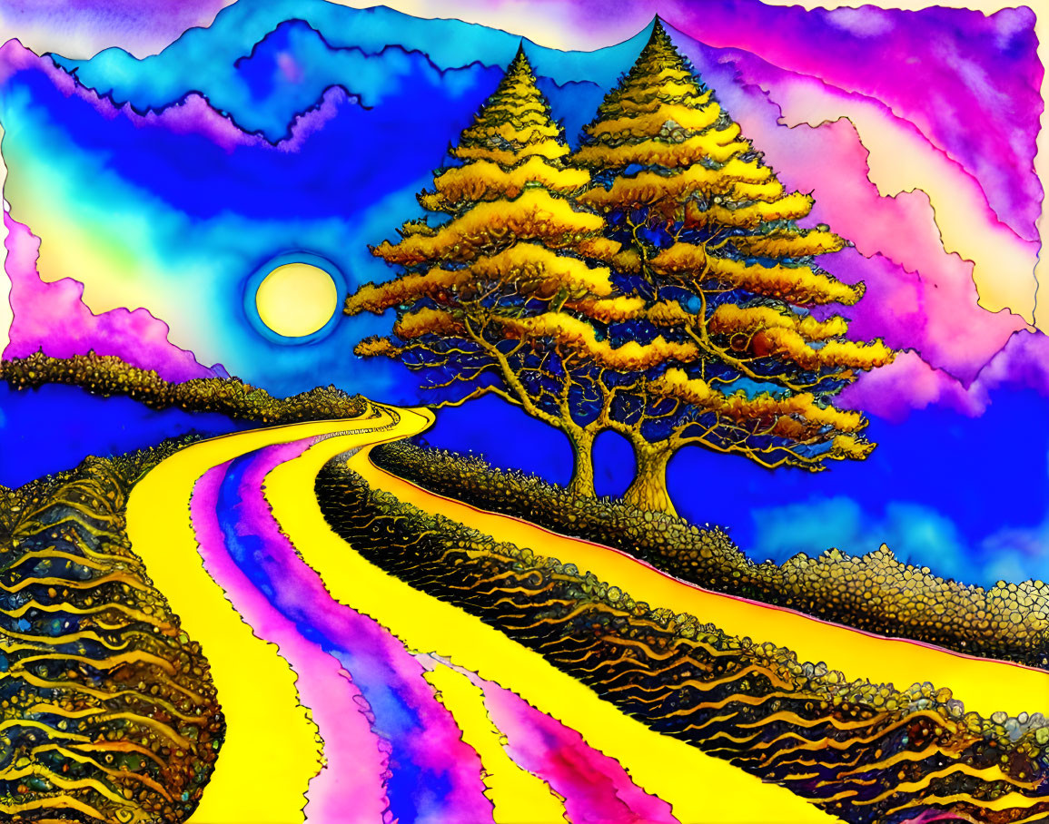 Colorful Psychedelic Landscape with Yellow Road and Golden Trees