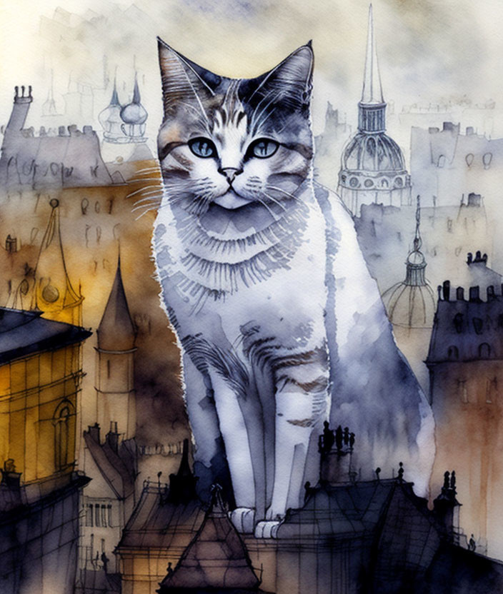 Large cat in dreamy cityscape watercolor art