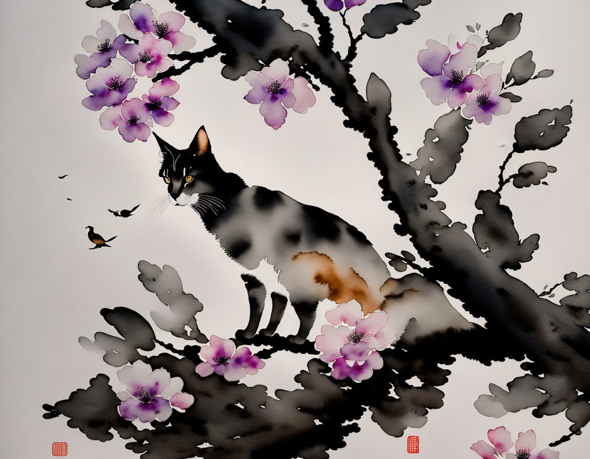 Calico Cat on Branch with Pink Blossoms in East Asian Ink Wash Style