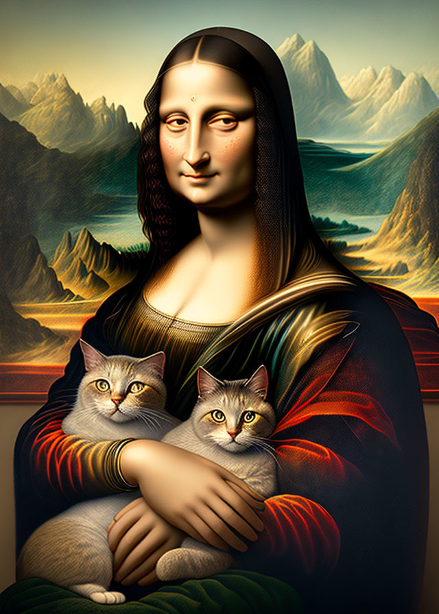 Digital Mona Lisa Parody with Smiling Figure, Cats, and Mountain Landscape