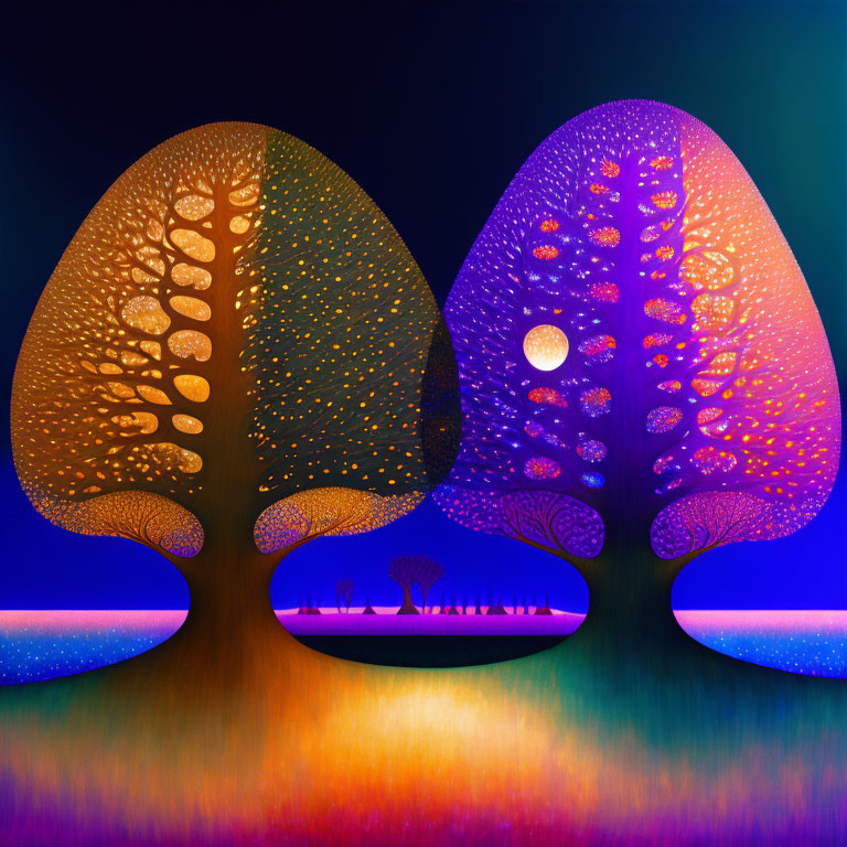 Stylized illuminated day and night trees against gradient sky