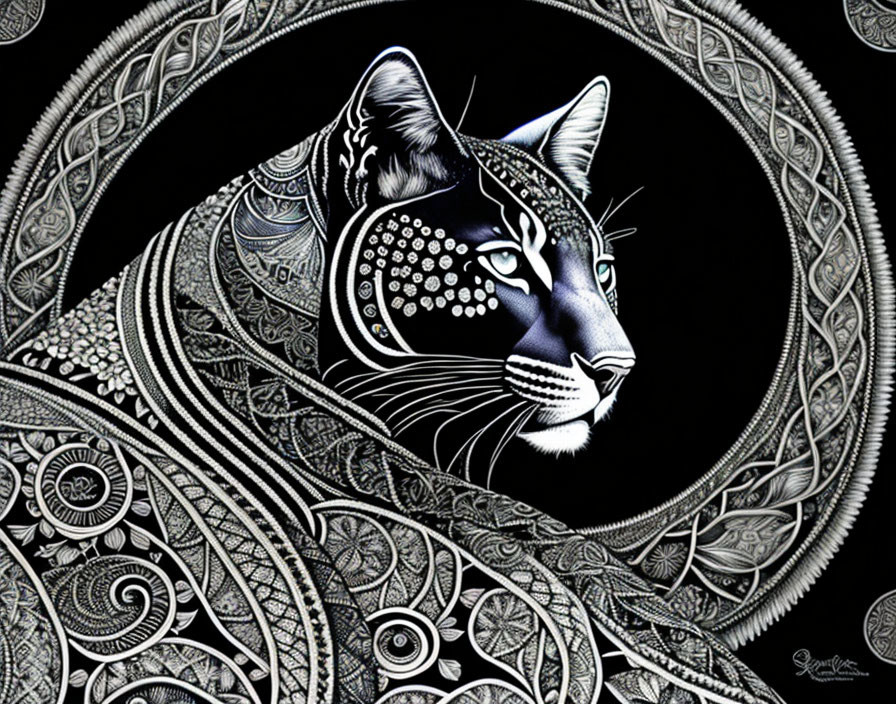 Detailed black and white feline illustration with intricate patterns on dark background