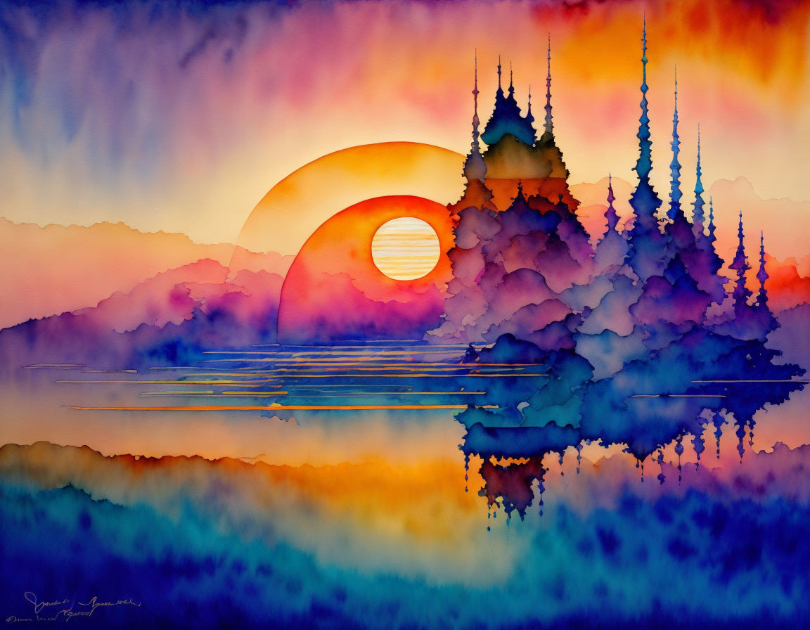 Sunrise Watercolor Artwork: Asian Temple Silhouette & Reflection in Purple, Orange, Yellow