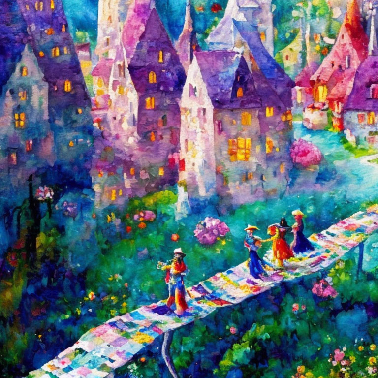 Vibrant impressionistic painting of a colorful village