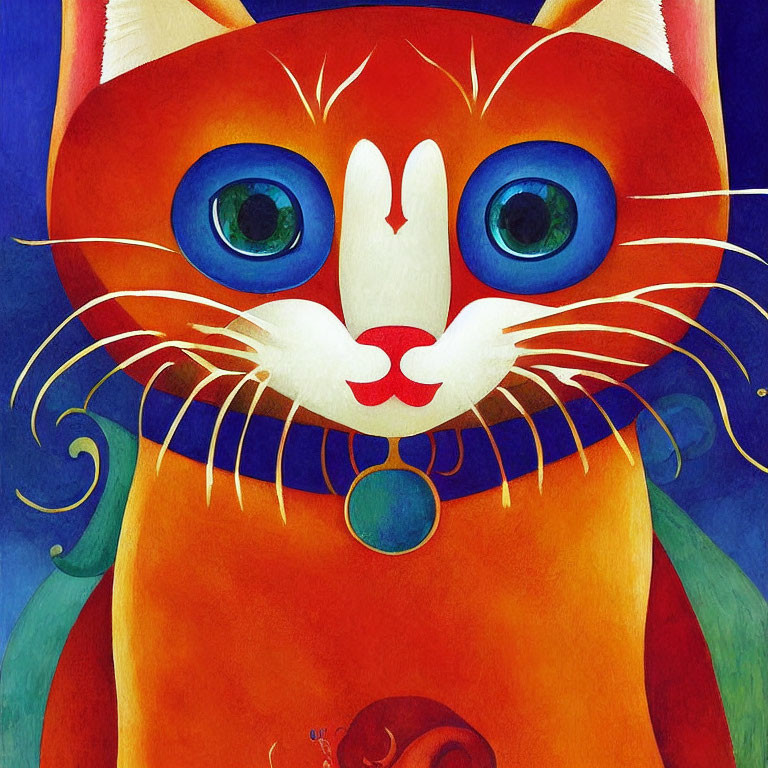 Colorful illustration of orange cat with large blue eyes, white facial features, blue pendant, and styl