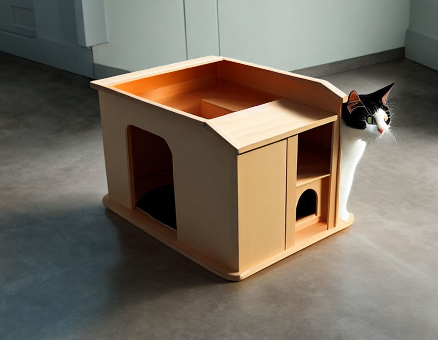 Black and white cat in modern wooden cat house with multiple entrances