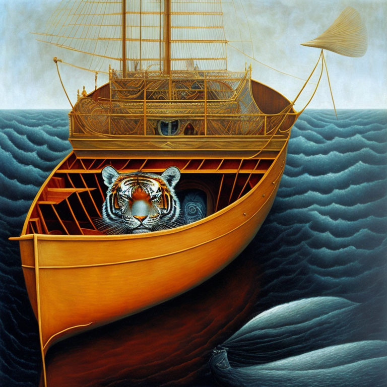 Surreal painting of tiger face on boat hull with ship and whale