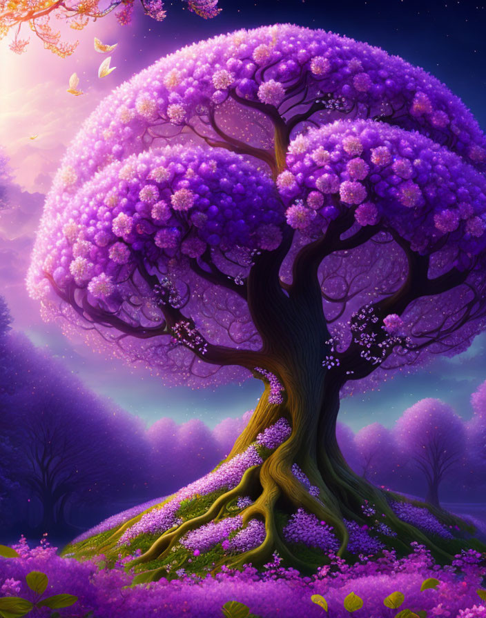 Colorful illustration: Whimsical purple tree with lush foliage and flowers under twilight sky