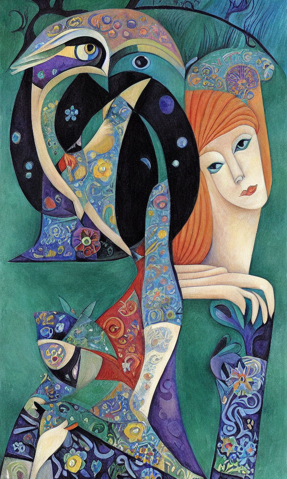 Colorful painting of woman with red hair and abstract peacocks.