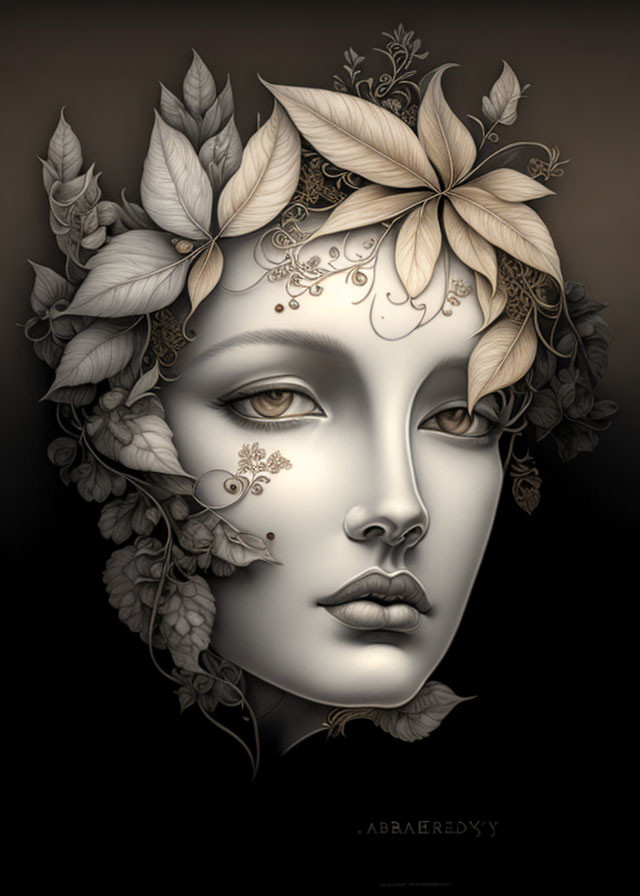 Detailed monochrome woman's face illustration with leafy headdress and ornate facial tattoos