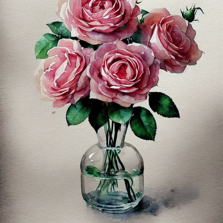 Pink Roses Bouquet in Glass Vase Watercolor Painting on Light Background