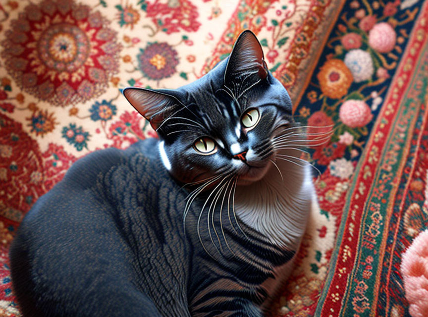 Black and Grey Striped Cat with Green Eyes on Multicolored Persian Rug