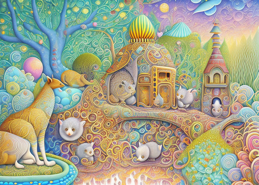 Colorful whimsical illustration with stylized animals and ornate trees