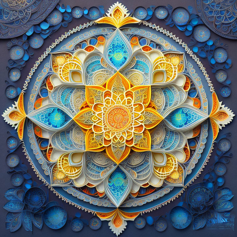 Detailed Blue and Gold Mandala Art with Symmetrical Floral and Geometric Patterns