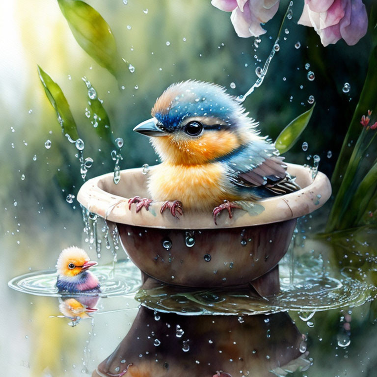 Colorful bird bathing with chick watching in water bowl