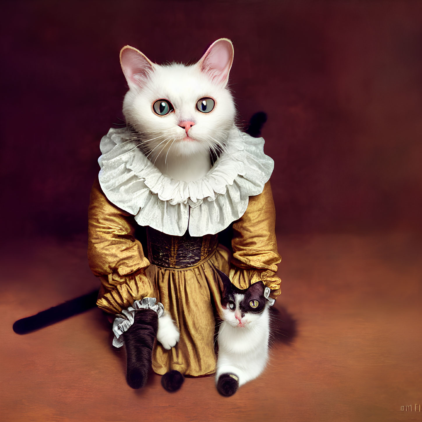 Cat with Oversized Human-Like Body in Historical Attire Holding Smaller Cat