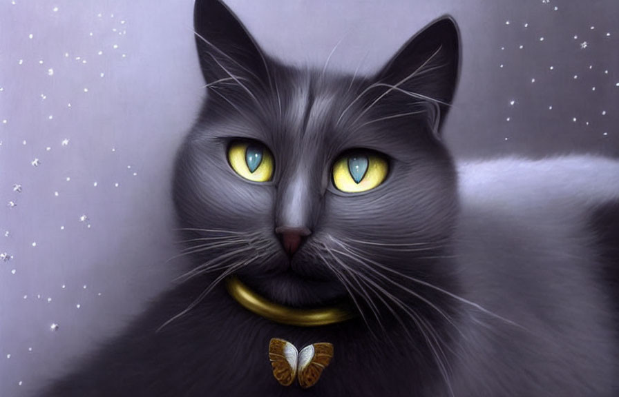 Gray Fur Cat with Yellow Eyes and Butterfly Collar on Gray Background