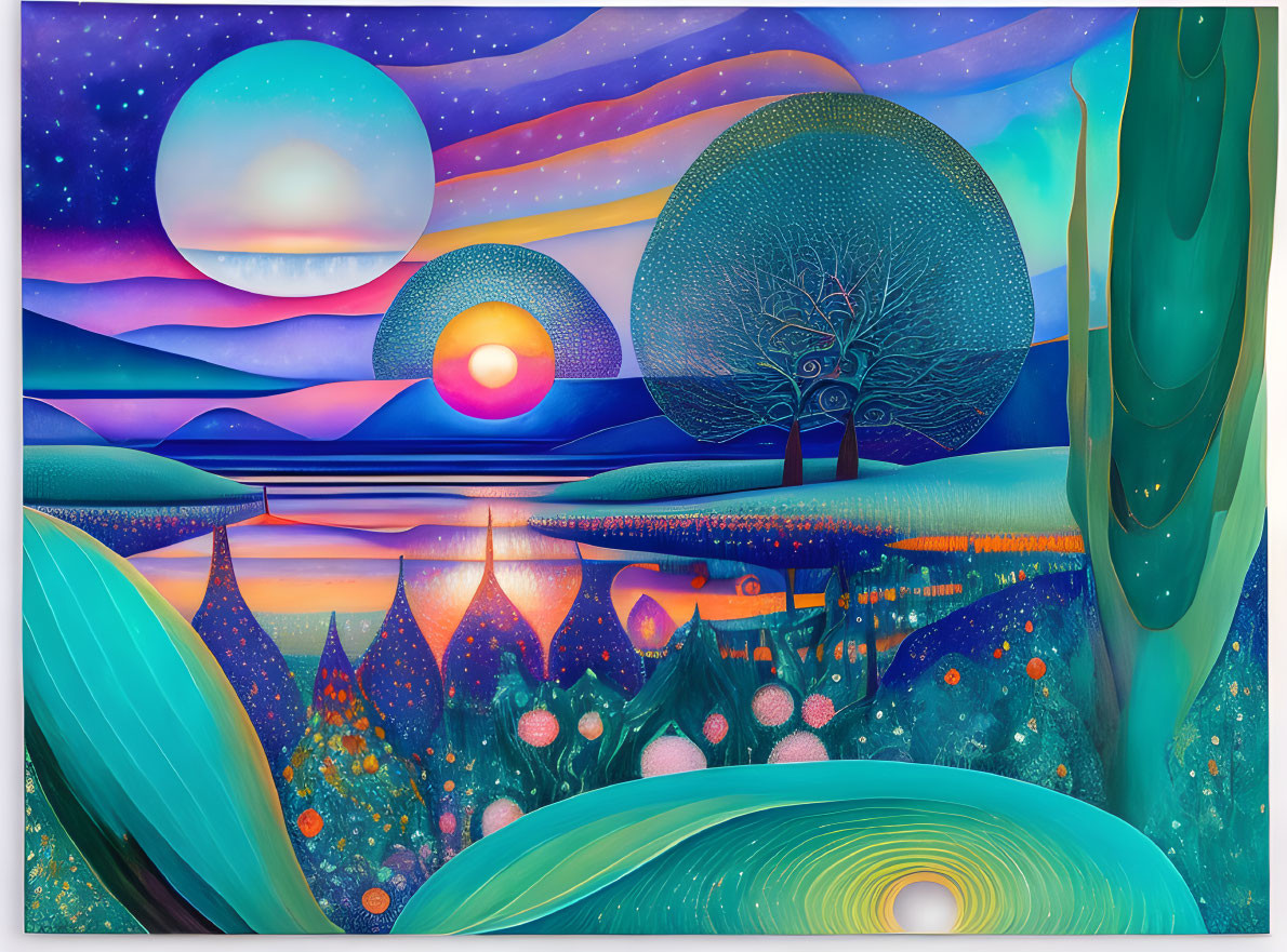 Colorful Trees and Multiple Moons in Surreal Landscape