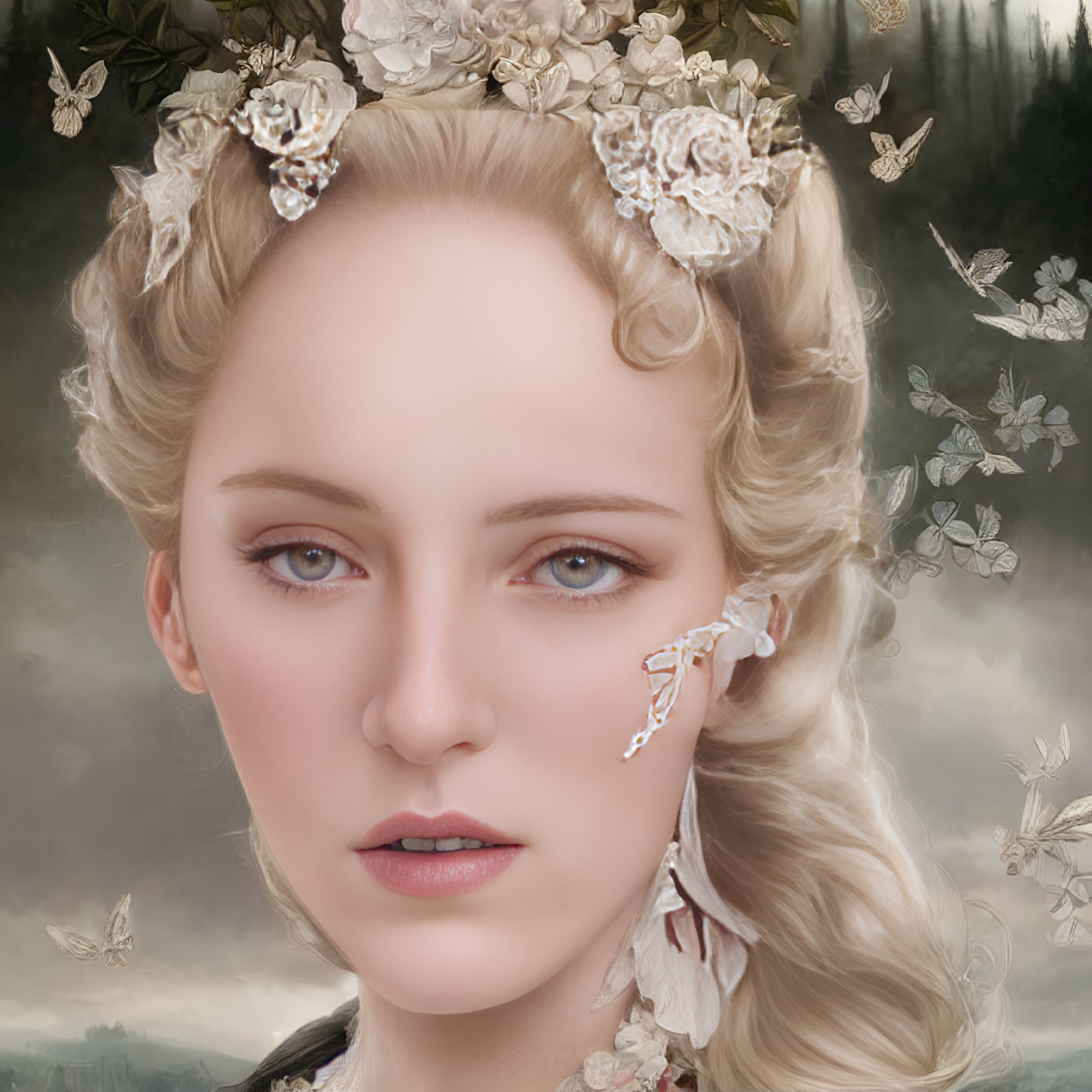 Close-up of woman with floral hair adornments and butterflies in forest setting