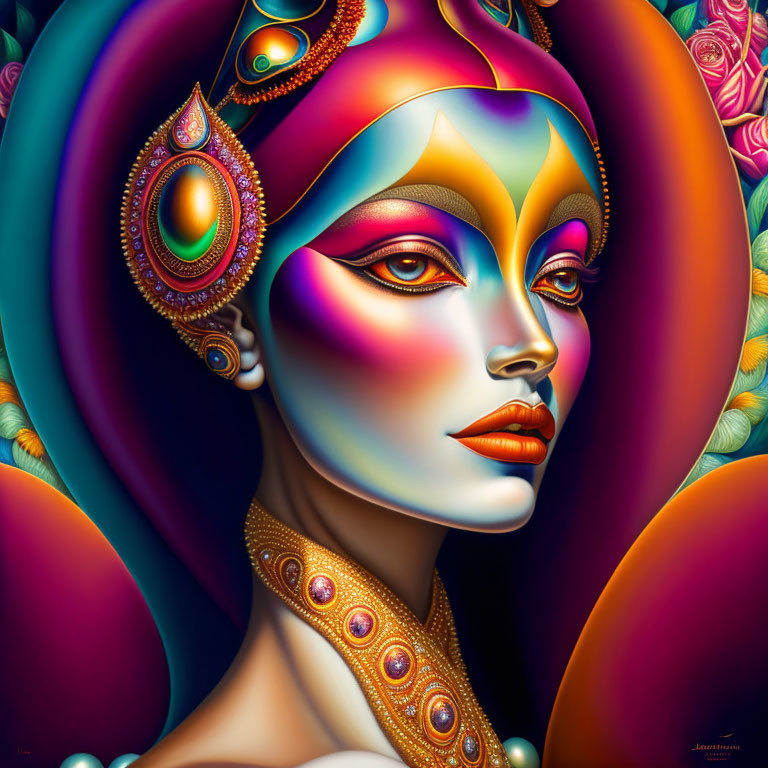 Colorful surreal digital portrait of woman with gem-studded accessories