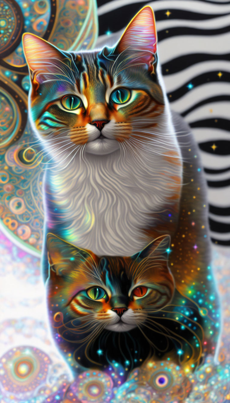 Colorful Digital Illustration: Two Cats with Cosmic Patterns