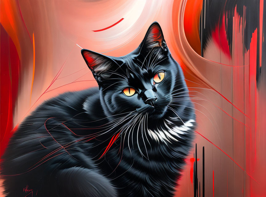 Colorful painting of black cat with amber eyes on red and black backdrop