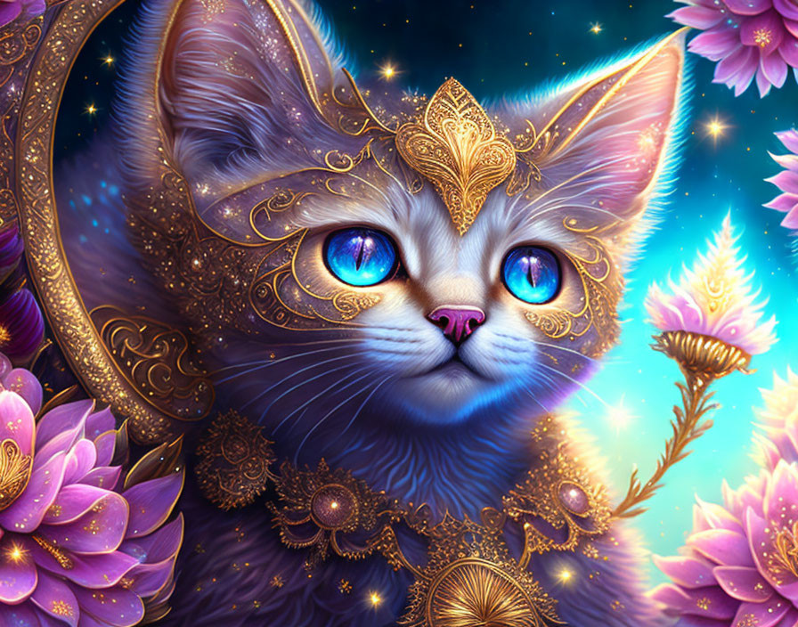 Majestic blue-eyed cat with golden jewelry among pink flowers