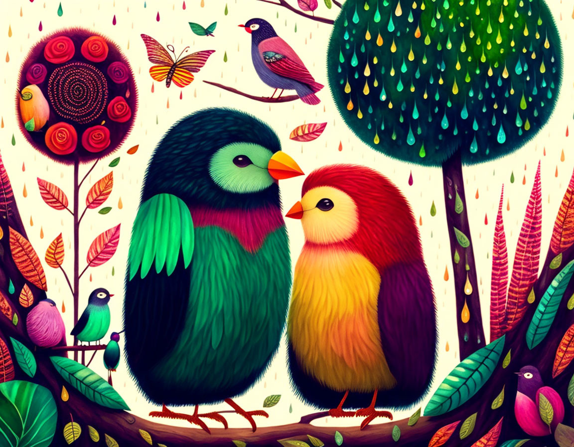 Colorful Birds Nuzzling on Branch Surrounded by Whimsical Foliage and Trees