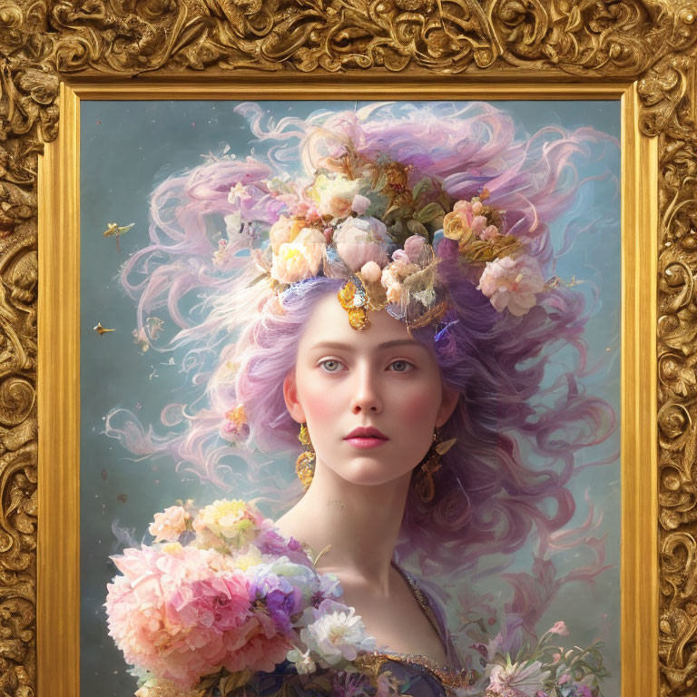 Portrait of Woman with Pastel Purple Hair and Floral Headdress in Ornate Golden Frame