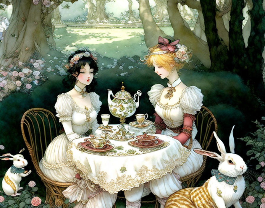 Elegantly dressed women having tea with rabbits in nature