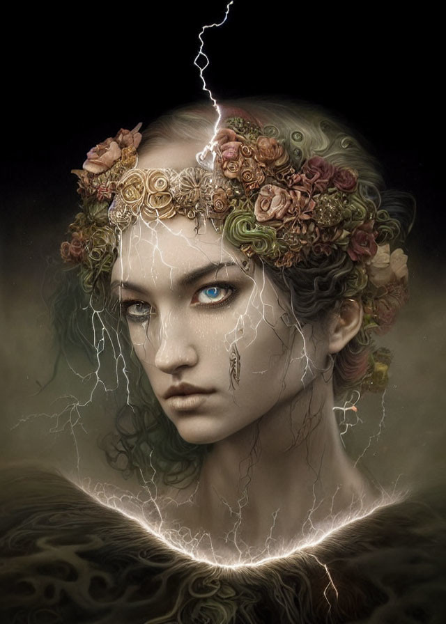 Portrait of person with floral crown and lightning, featuring striking blue eye on dark backdrop