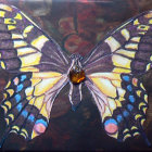 Vibrant butterfly painting with intricate wing patterns on abstract background