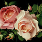 Large peach and pink roses with buds and leaves on dark background.