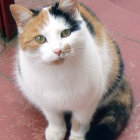 Calico Cat with Green Eyes on Pink and Multi-Colored Background