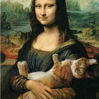 Digital Mona Lisa Parody with Smiling Figure, Cats, and Mountain Landscape