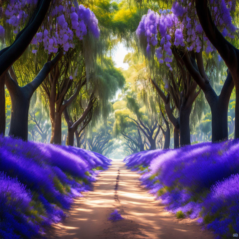 Tranquil pathway with vibrant purple flowers and tree canopy