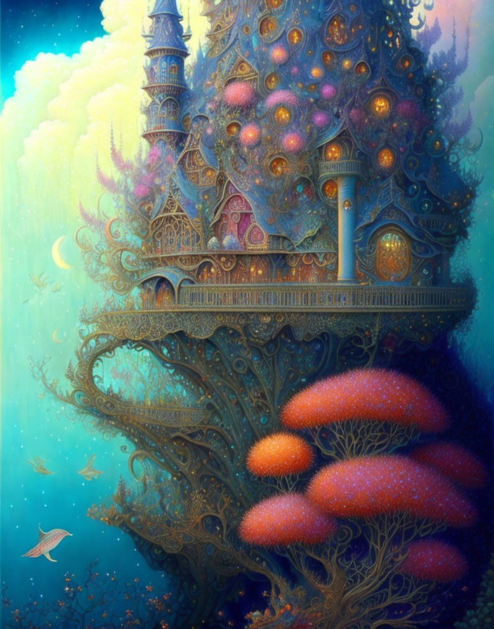 Ethereal underwater scene with coral tree-like structure and glowing towers