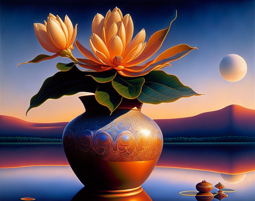 Vibrant painting: Vase with lotuses by tranquil waters at twilight