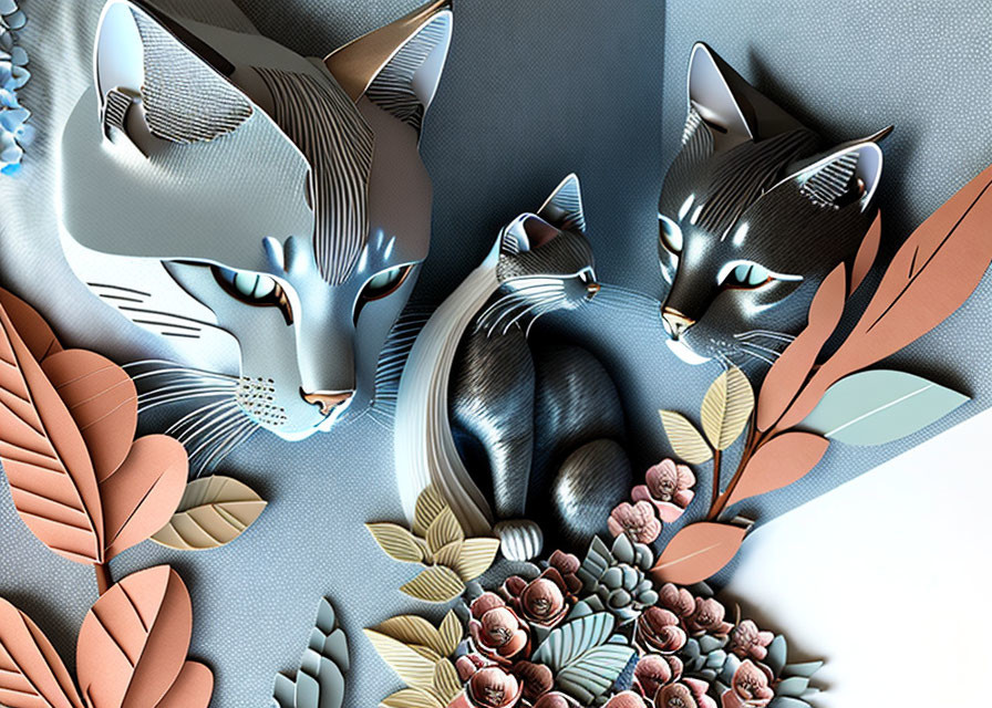 Stylized cat illustrations with floral motif in blue and white, featuring two cat faces.