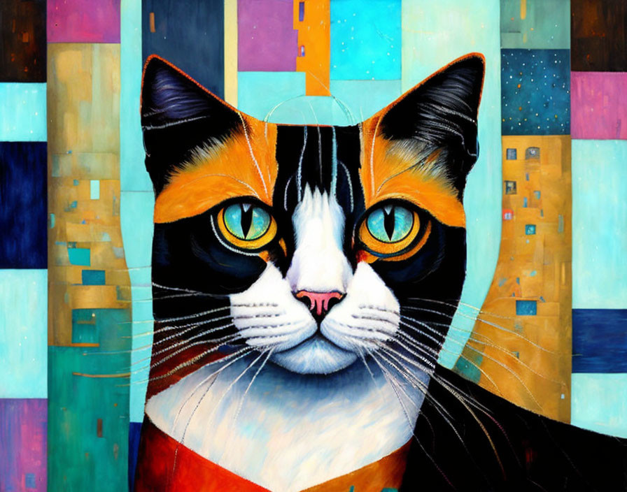 Colorful Calico Cat Painting with Geometric Background