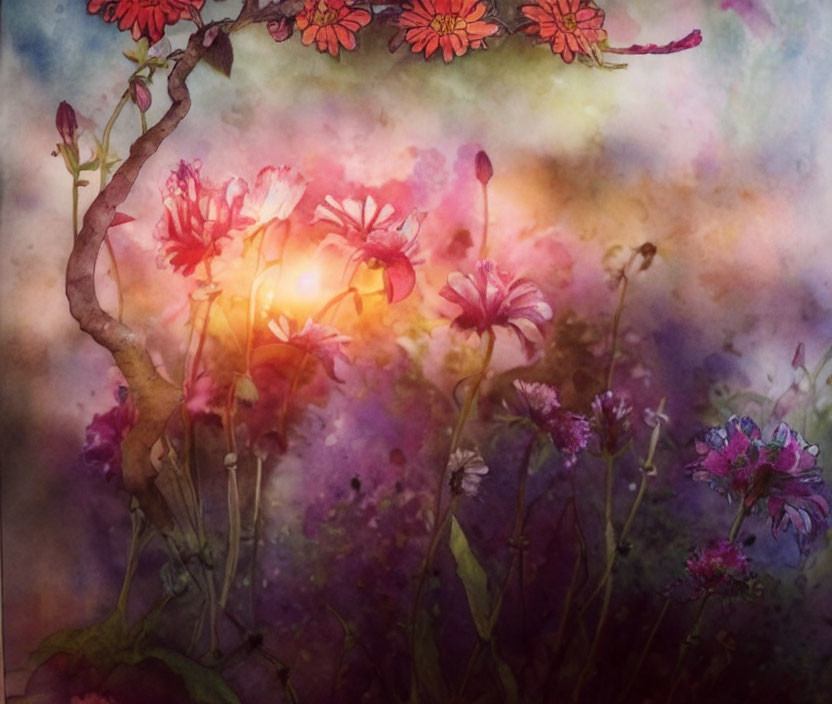 Colorful Flower Illustration with Ethereal Backdrop and Soft Sunlight