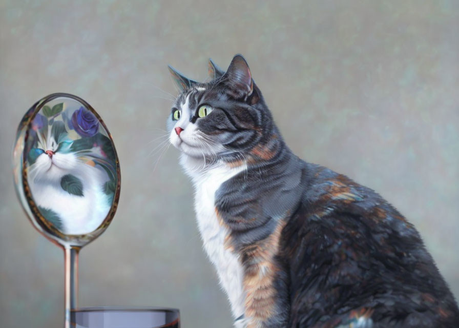 Tabby Cat with Green Eyes Beside Mirror on Textured Background