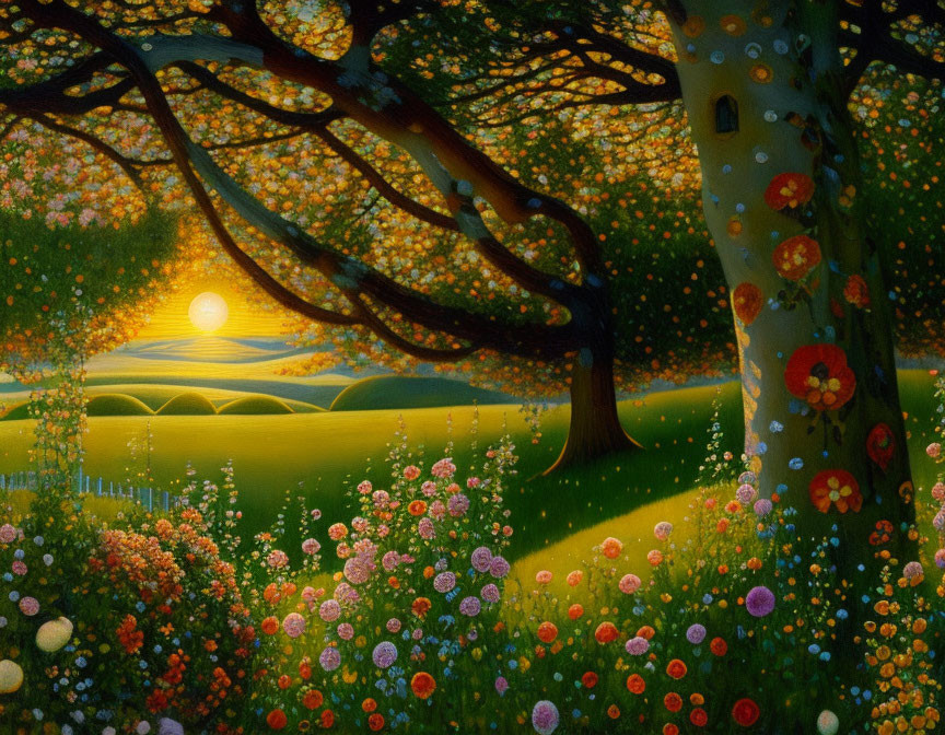 Colorful sunset landscape with wildflowers and whimsical tree patterns