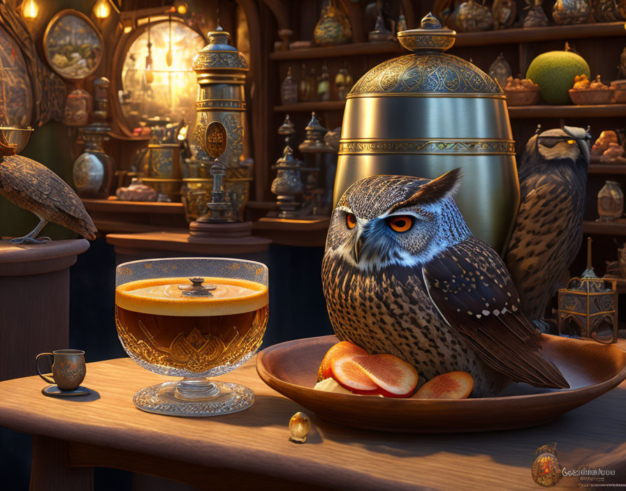 Warm-toned owl scene with steaming beverage and lanterns