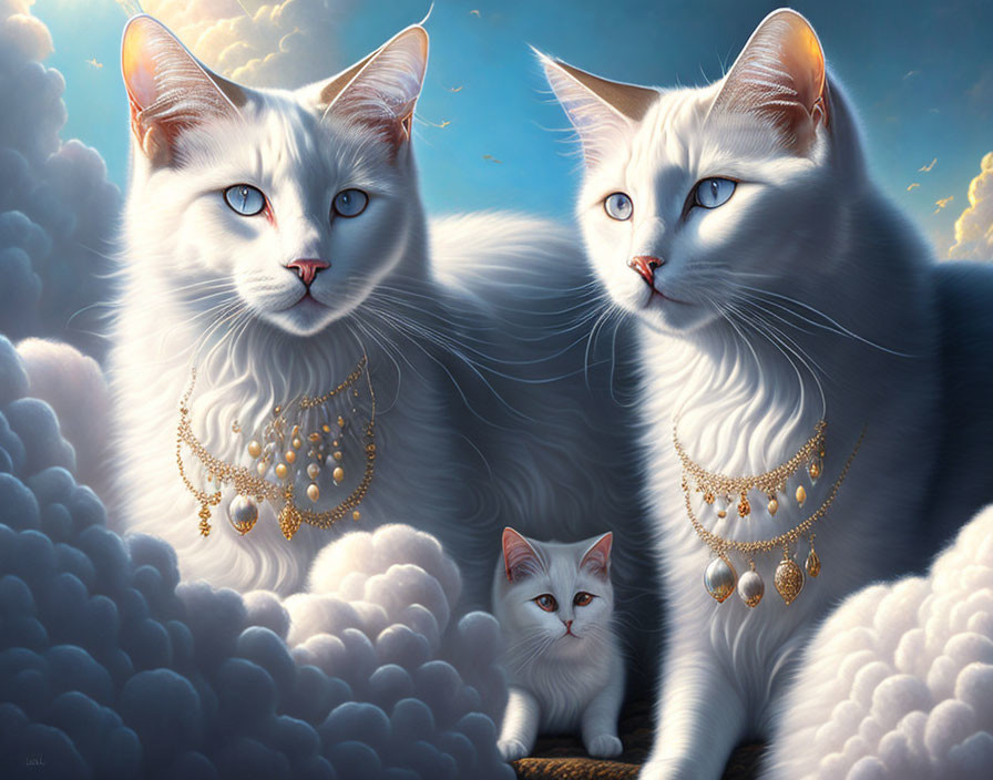 Majestic white cats with wings and golden necklaces on clouds