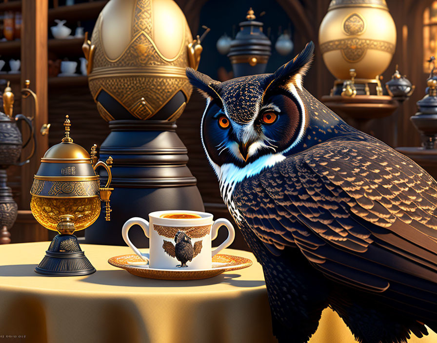 Realistic anthropomorphic owl in regal attire with tea cup and golden artifacts