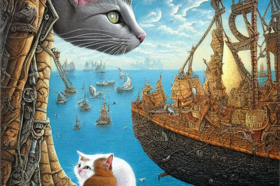 Giant cat watching ships with smaller cat under cloudy skies