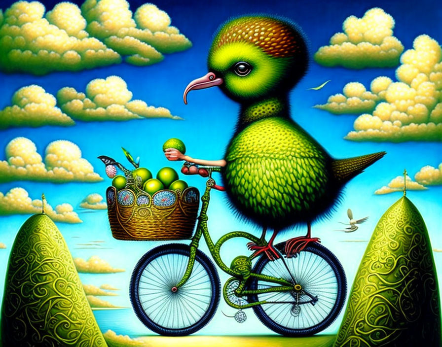 Green bird on bicycle with fruit basket in yellow cloud setting.