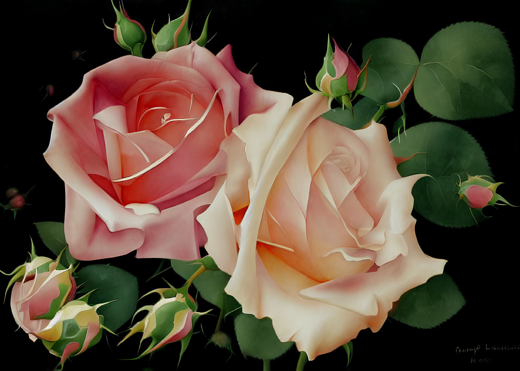 Large peach and pink roses with buds and leaves on dark background.